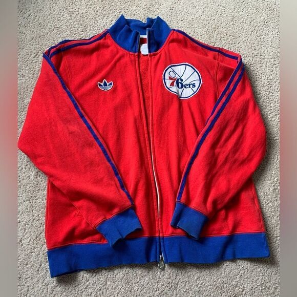 VTG Adidas Philadelphia Sixers Stitched Red Blue Zip Up Sweatshirt Jacket Size L - Picture 1 of 9